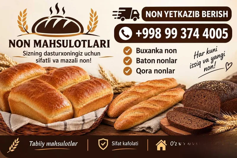 Do'konlarga issiq buxanka non yetqazib beramiz Do'konlarga issiq buxanka non yetqazib beramiz
