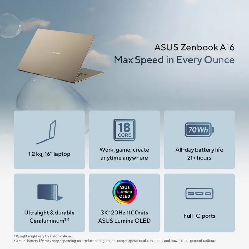 ASUS Zenbook A16 4.45Ghz/RAM 48GB/1TB/16 3K/120Hz Touch 2 ASUS Zenbook A16 4.45Ghz/RAM 48GB/1TB/16 3K/120Hz Touch 2