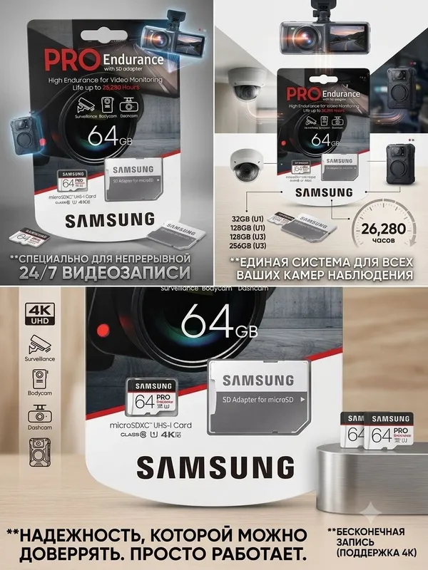Карта памят флешка Micro Sd Samsung PRO Endurance 64 gb 26,280 часов 2