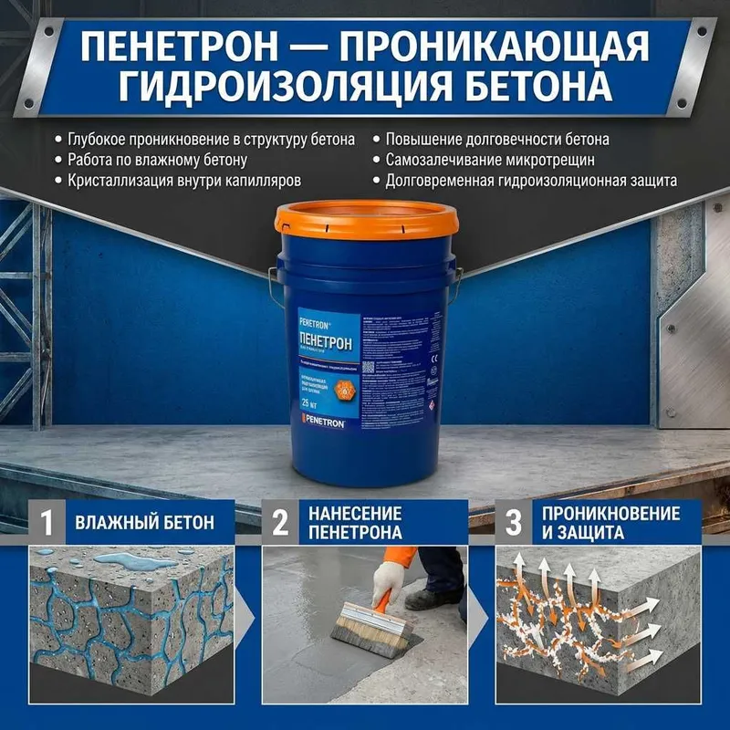 Пенетрон (Penetron) для проникающая гидроизоляция бетонных поверхности
