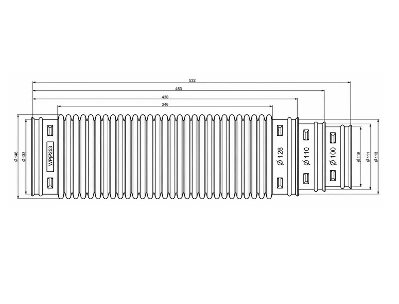 WIRPLAST RUROFLEX egiluvchan adapteri, 520 mm gofra 8 WIRPLAST RUROFLEX egiluvchan adapteri, 520 mm gofra 8
