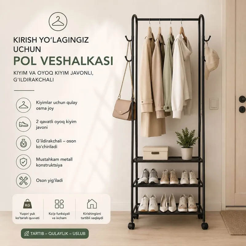 Kiyimlar uchun, g‘ildirakchali pol veshalkasi