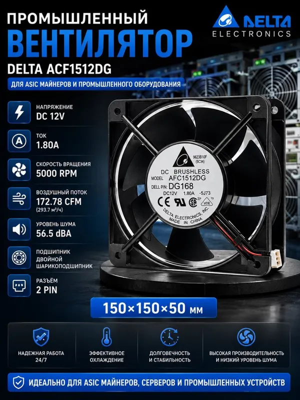 Вентилятор для ASIC Delta ACF1512DG 150×150×50 мм, 12V, 1.8A 1 Вентилятор для ASIC Delta ACF1512DG 150×150×50 мм, 12V, 1.8A 1
