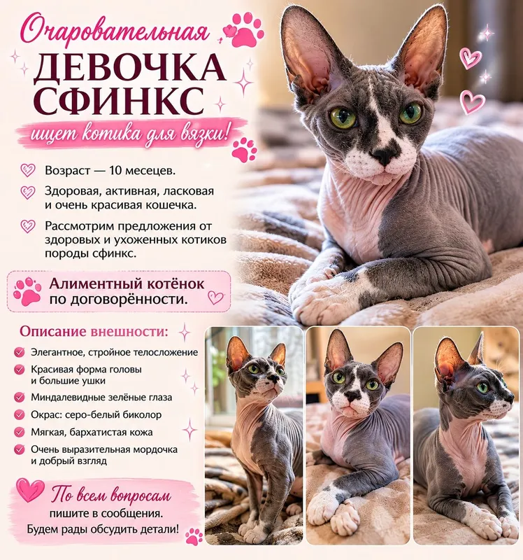 Породистая девочка сфинкс ищет жениха для вязки