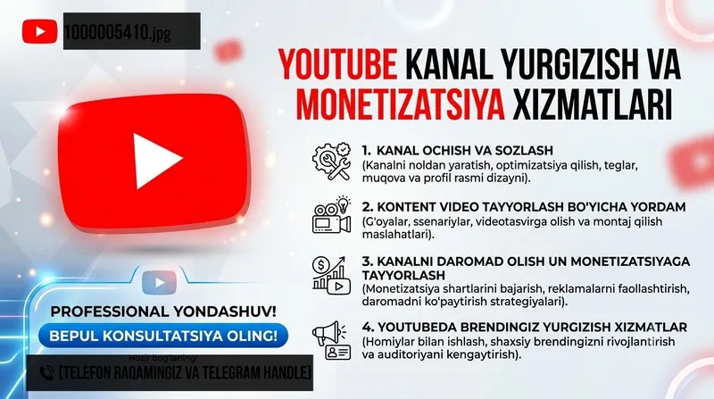 YOUTUBE kanal ochish, AI video tayyorlash, monetizatsiya tayyorlash. YOUTUBE kanal ochish, AI video tayyorlash, monetizatsiya tayyorlash.