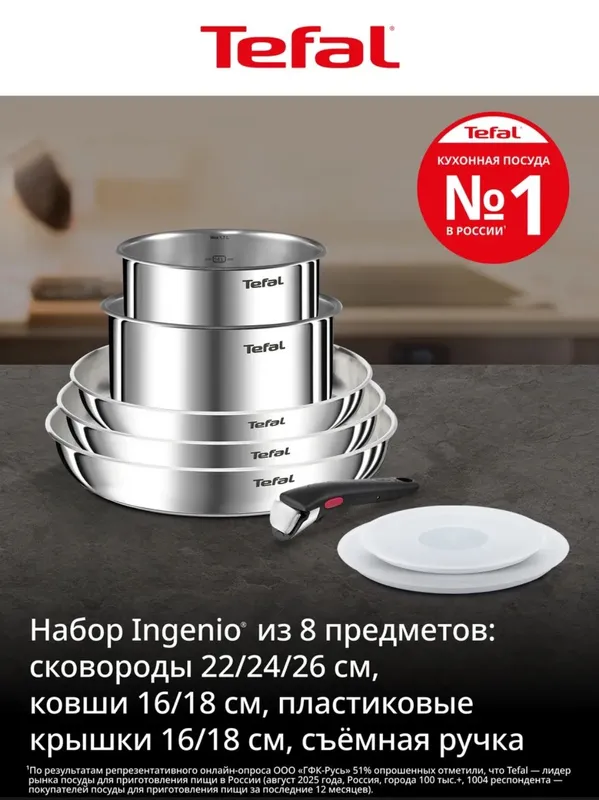 Набор посуды Tefal Ingenio 8 предметов, новый, нержавейка.