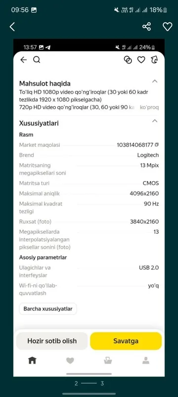 Logitech kamera profissional stream uchun 2 Logitech kamera profissional stream uchun 2