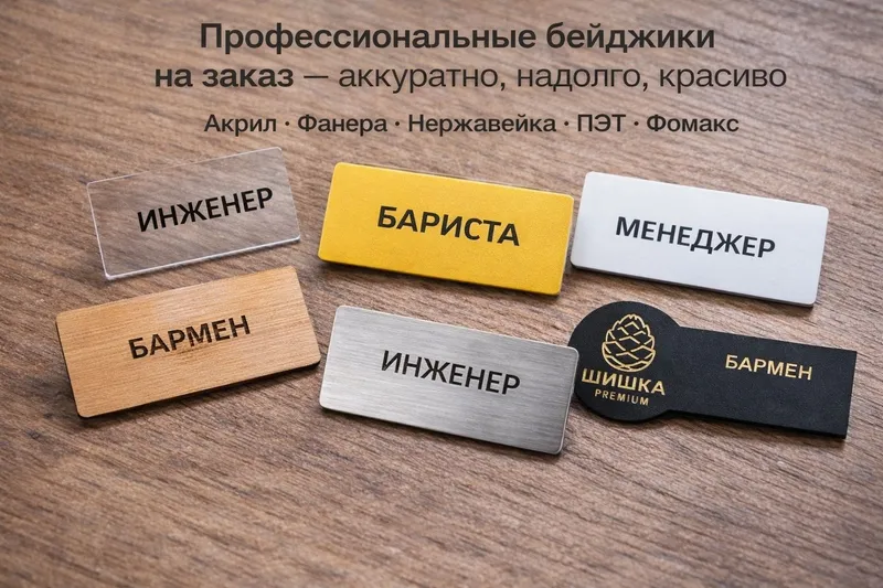 Бейджики на заказ | Акрил / Металл / PET / Дерево | Гравировка и печат