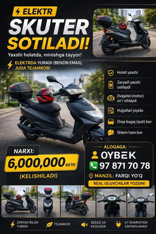 Elektr skuter sotiladi, holati zo‘r, 6 mln, shlem + bagaj bor