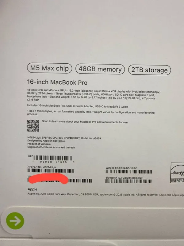 Macbook pro 16 48/2tb M5 max
