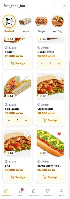 Tayyor dostavka Mini ilova, Xod-dog, burger va oshxonalar uchun tekin 2 Tayyor dostavka Mini ilova, Xod-dog, burger va oshxonalar uchun tekin 2