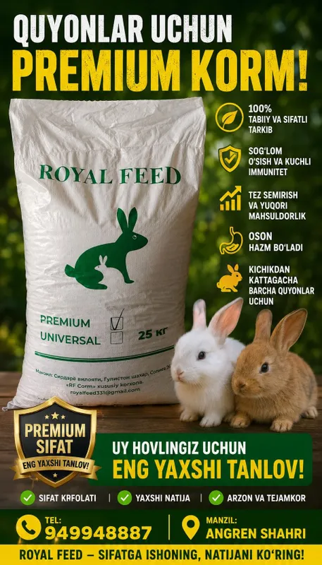 ROYAL FEED PREMIUM -quyonlar uchun masus korm, 25 kg lik qopda 1