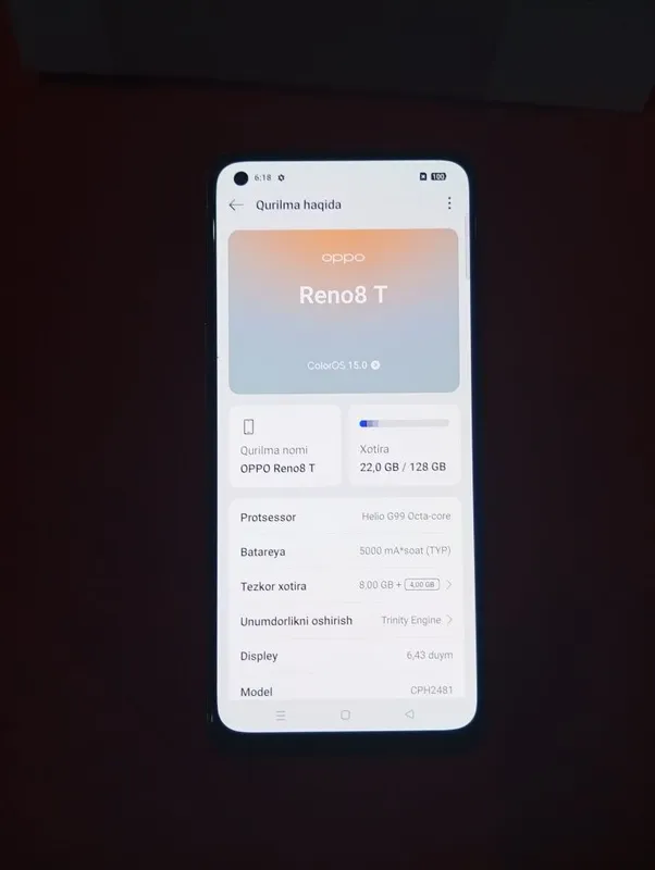 Oppo Reno 8t Holati tinniq rasimda Xotira 128 GB Ram 8+5 GB Batareka a 3 Oppo Reno 8t Holati tinniq rasimda Xotira 128 GB Ram 8+5 GB Batareka a 3
