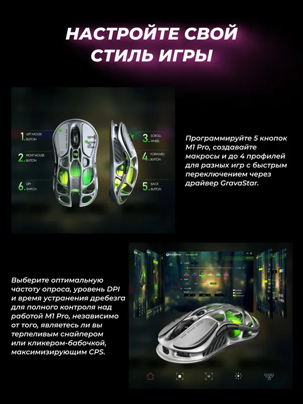 Игровая беспроводная мышь GravaStar Mercury M1 Pro, BT/WL/USB-A, RGB, Gunmetal Gray — фото 2