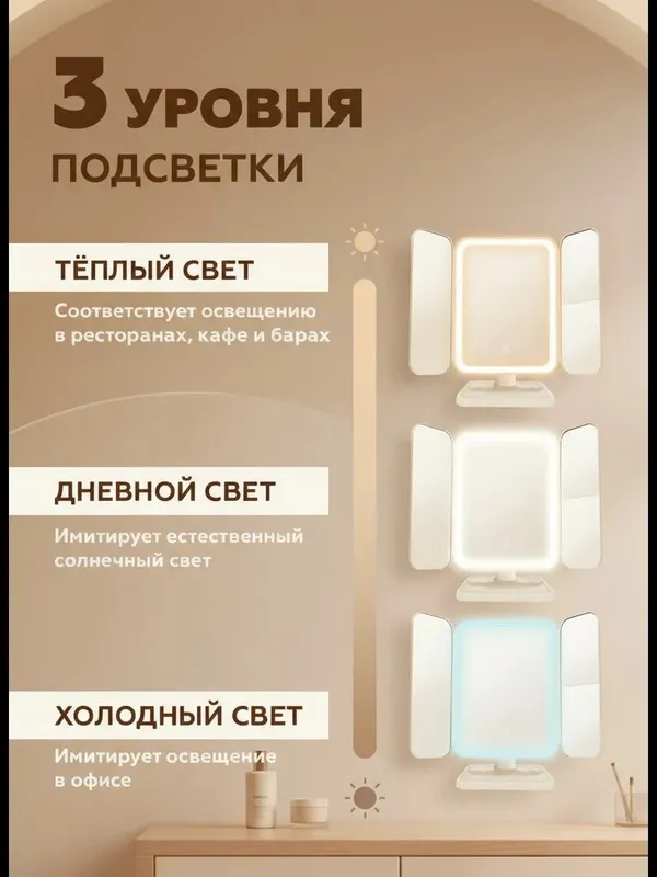 Зеркало с Led подсветкой гримерное настольное для макияжа косметики — фото 7