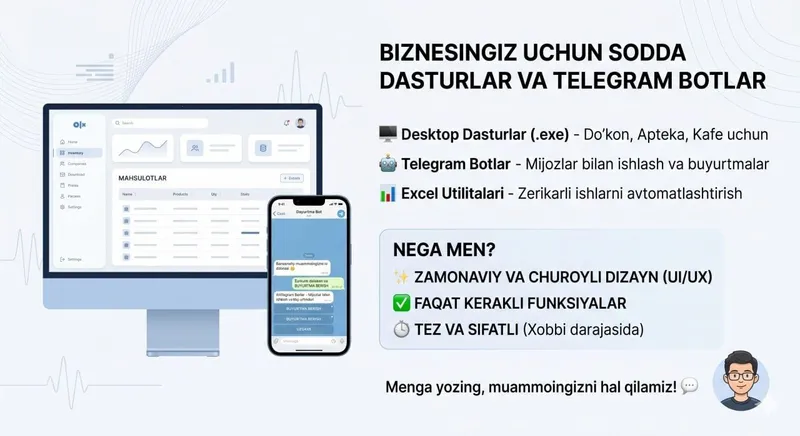 Biznes uchun sodda dastur va botlar (Kichik va qulay) Biznes uchun sodda dastur va botlar (Kichik va qulay)