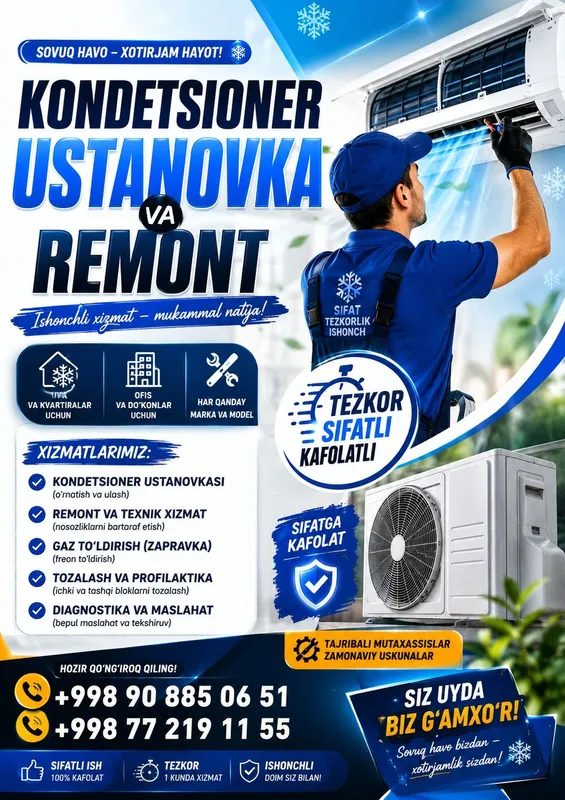 Kondetsioner remont va ustanovka xizmatlari tezkor va sifatli