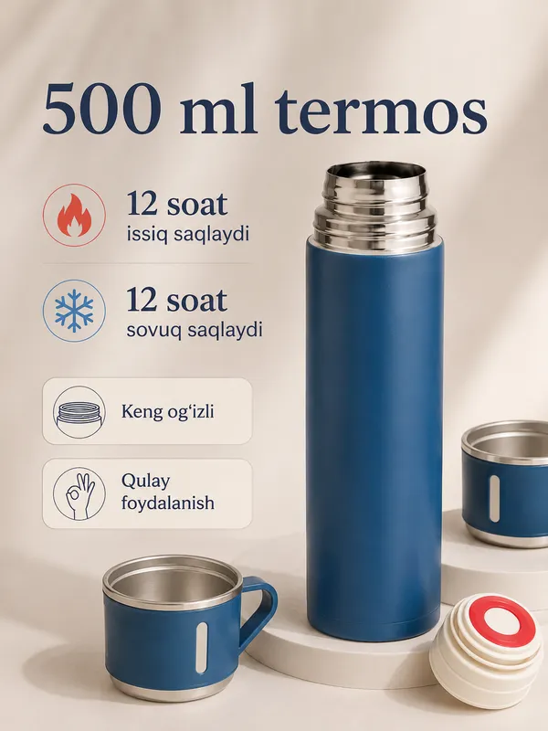 Вакуумный термос 500 мл, набор с 3 стаканами 8