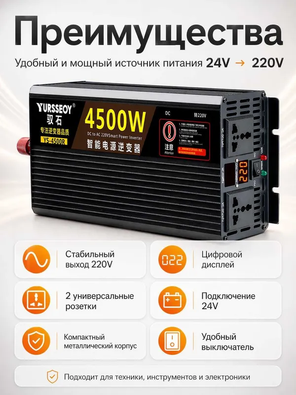 Инвертор автомобильный 12/24V–220V. 4500W пиковая / 2200W номинальная — фото 3