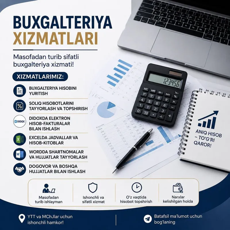 Buxgalteriya xizmati Tajribali buxgalter 1C dasturida ishlaymiz