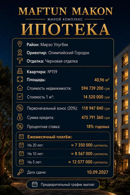 1-ком в Мирзо-Улугбек, первоначальный взнос 118 млн 1
