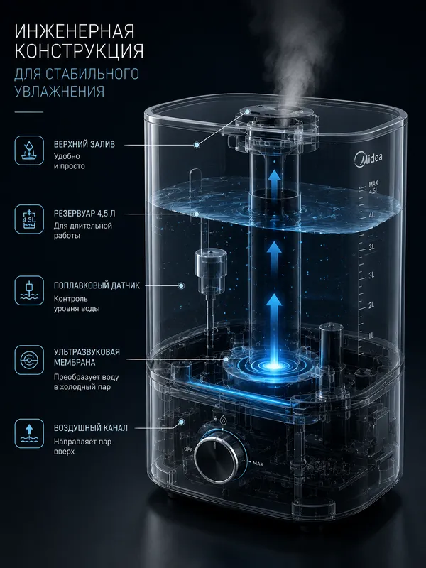 Увлажнитель воздуха Midea, ультразвуковой, 4.5 л 2 Увлажнитель воздуха Midea, ультразвуковой, 4.5 л 2