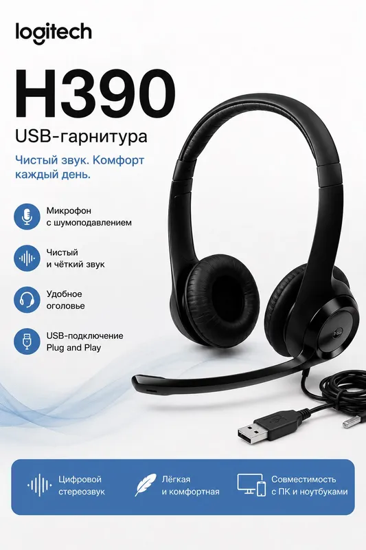 Logitech H390 USB гарнитура с микрофоном Logitech H390 USB гарнитура с микрофоном