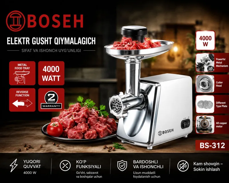 BOSEH BS-312 Go'sht Qiymalagich – 4000W BOSEH BS-312 Go'sht Qiymalagich – 4000W