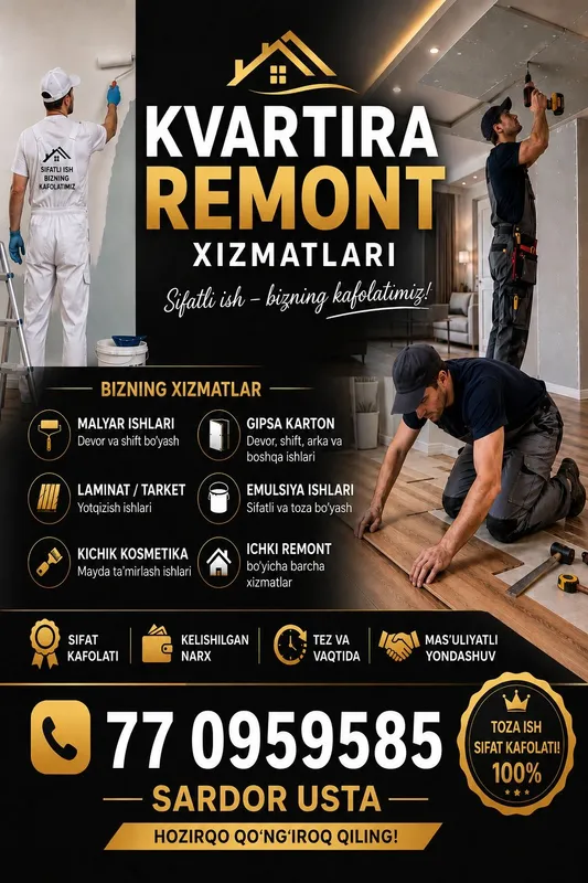 Remont xizmatlari. Asosan malyar ishlar. Samarqand buylab