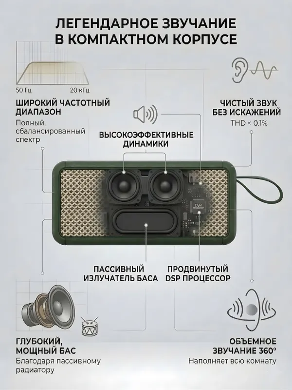 Портативная колонка 2E SoundLegend Mini, мощность 40Вт, защита IPX6, Bluetooth 5.3, зеленый — фото 4 Портативная колонка 2E SoundLegend Mini, мощность 40Вт, защита IPX6, Bluetooth 5.3, зеленый — фото 4