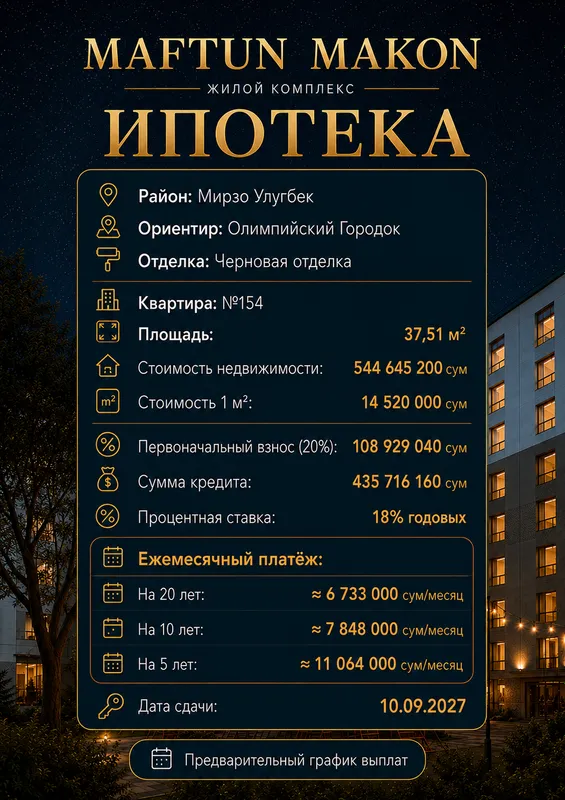 1-ком в Мирзо-Улугбек первоначальный взнос 109-Млн 1