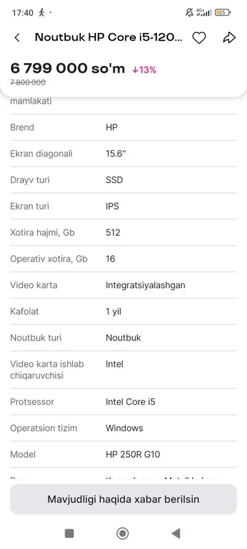 Noutbuk sotiladi HP yangı holatdagi 8 Noutbuk sotiladi HP yangı holatdagi 8