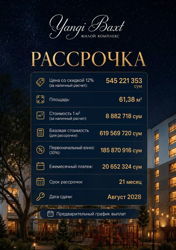 3-комнатная, первый взнос 186 млн, 21 месяц по 20 млн 1