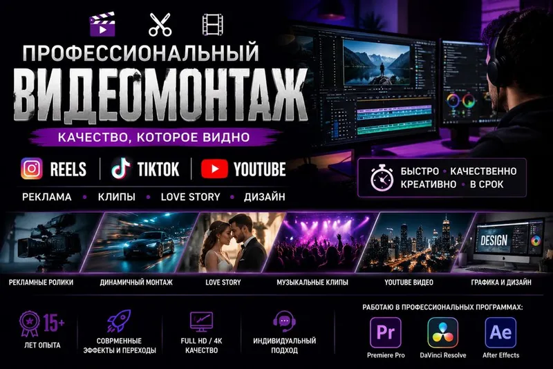 Профессиональный видеомонтаж | Instagram | TikTok | YouTube Профессиональный видеомонтаж | Instagram | TikTok | YouTube