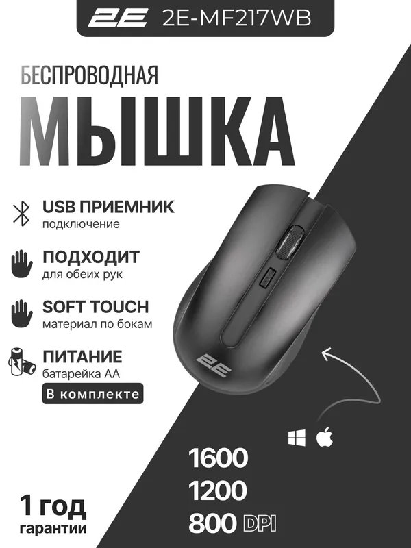 Мышь беспроводная офисная 2E MF217 WL черный, 1600 dpi, для обеих рук