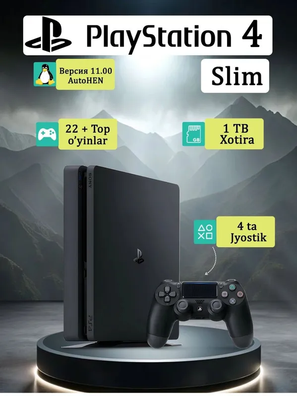 PS4 Sony Playstation4 Slim, 11.00 version, 4 dona Dualshok, 26ta o'yin
